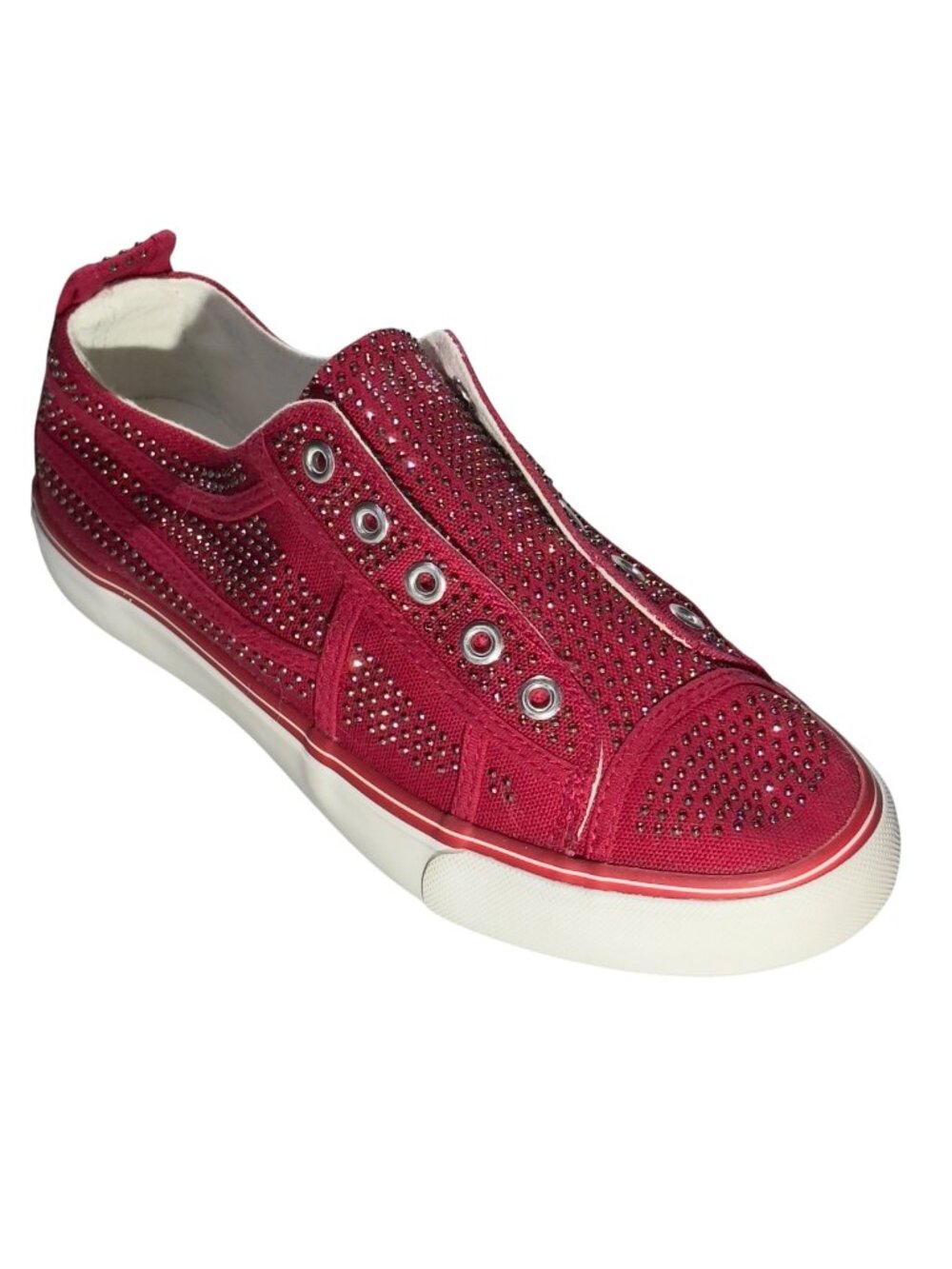 True Religion Women's Rhinestone-Studded Canvas Slip-On Sneakers Red & White